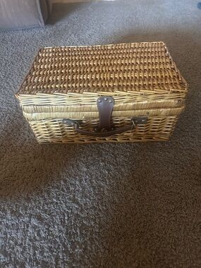 Woven Picnic Basket with Brown Leather Handle